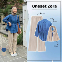Zora - Oneset Hijab 3in1 Simple ( Bawahan Celana Kulot Plisket + Atasan Blouse Kerut Katun Linen + H