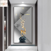 輕奢麋鹿玄關裝飾畫現代鐘錶掛鐘客廳餐廳晶瓷畫靜音藝術時鐘掛牆
