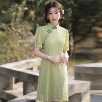 Chinese Style Women Short Sleeve Qipao Elegant Green Dress Retro Button Cheongsam