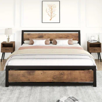 1pc King Size Bed Frame With Wood Headboard, Industrial King Platform Bed With Heavy Duty Slat Support, 14 Inch King Bed Frame