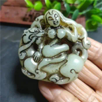 Han Dynasty Hongshan Culture Natural Jade Double-Sided Beauty Beast Handmade Collection Ornaments Pendant Carving Mascot Statue