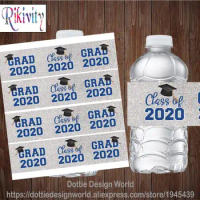 30/20 Silver Blue Grad Cap Class Of 2023 Graduation Water Bottle Wine Labels Stickers Candy Bag Box Wraps Christmas Decoration