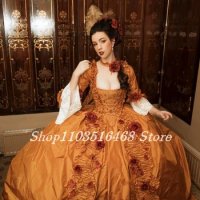 1860s Vintage Victorian Evening Gowns Bright Orange Satin Floral Embroidered Pleated Venice Court Queen Evening Gowns