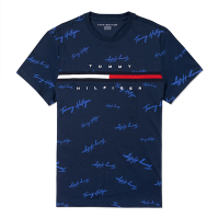 Tommy Hilfiger 熱銷刺繡滿版文字Logo圖案短袖T恤-深藍色