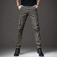 Autumn Men's Cotton Black Cargo Pants Tactical Casual Slim Fit Straight Trousers