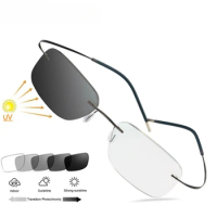 B titanium Frameless Reading Sunglasses Photochromic Reading Glasses for Men Women Outdoor Presbyopia Glasses