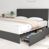 Upholstered Queen Bed Frame with 4 Storage Drawers and Adjustable Headboard, Platform Bed Frame, Strong Wood Slat Support