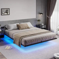 Floating California King Size Bed Frame with LED Lights Metal Platform Bed No Box Spring Needed Easy To Assemble California King