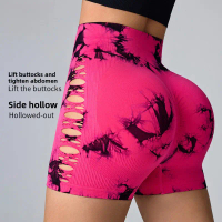 Side Tie Dye Hollow Mesh Sports Shorts for Women Running Fitness Elastic Hip Lifting High Waist Yoga