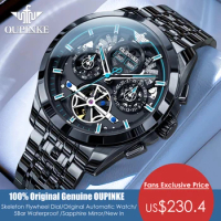 OUPINKE Black Stainless Steel Strap Skeleton Automatic Watch for Men Swiss Luminous Waterproof Mechanical Wristwatches Man Watch