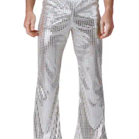 YiZYiF Mens Shiny Sequins Long Pants 70s Disco Jazz Dance Performance Costumes Elastic Waistband Flared Pants Dj Party Trousers