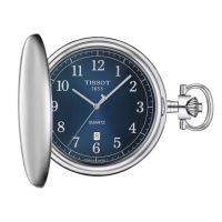 【TISSOT 天梭】Savonnette T862.410.19.042.00 經典數字石英懷錶 附鍊-藍x銀/48.5mm(T8624101904200)