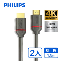 (2入組)PHILIPS 飛利浦 HDMI 2.0 公對公 1.5m 影音傳輸線 SWV5613G/00-2