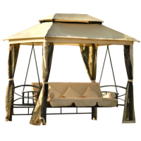 Outdoor Gazebo with Convertible Swing Bench, Double Roof Soft Canopy Garden Backyard Gazebo with Mosquito Netting