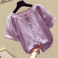雪紡上衣女短袖韓版夏季新款百搭遮肚子顯瘦紫色甜美雪紡襯衫