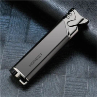Honest Metal Ultra Thin Slender Jet Torch Straight Gas Charged Windproof Inflatable Butane Lighter Metal Blue Flame Fashion Gift