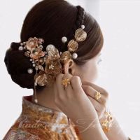 巴洛克新娘復古金色花朵邊夾頭飾中式百搭結婚發飾秀禾旗袍配飾品