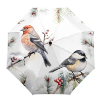Christmas Winter Mockingbird Berry Pine Leaf Parasol for Outdoor Full-Automatic Eight Bones Rain Umbrella Gift Adults Umbrellas