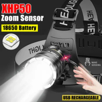 XHP50 Zoom Sensor LED Head Flashlight USB Rechargeable Headlamp with 18650 Battery Outdoor Camping Fishing Emergency Headlights