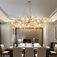 Indoor Lighting Luxury Ceiling Chandelier LED Tree Branch Crystal Copper Seirp Chandeliers Water Drops Pendant Suspension Lights