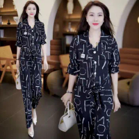 Women's Casual Wide Leg Pants Suit 2023 Spring Summer New Loose Seven-point Long Sleeve Printed Top And Trousers 2 Two Piece Set