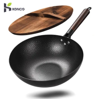 Iron Wok Traditional 12.5" Carbon Steel Wok Non-stick Pan Woks and Stir Fry Pans with lid Kitchen Cookwar for All Stoves