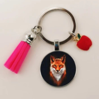 Lovely Fox Picture Glass Convex Keychain Lovely Animal Pendant Keyring Girl Tassel Christmas Gift DIY Keychain
