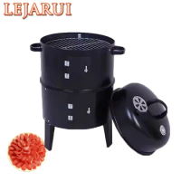 Outdoor Bbq Round Charcoal Stove Bacon Portable 3 In 1 Double Deck Barbecue Smoker Oven Camping Picnic Cooking Tool