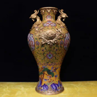 24 " Chinese Pure Bronze cloisonne 24K Gold phoenix peony flower Vase pot bottle