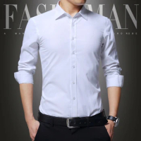 2024 New Men Fashion Slim Leisure Time White Men's Long Sleeve Shirts Single Breasted Square Neck Formal Cotton Shirt M-5XL