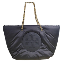 【TORY BURCH】TB Ella 專櫃款 雙T縫線圖案尼龍雙編織鍊帶肩背托特包 黑色(贈原廠紙袋母親節送禮)