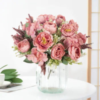 28cm Rose Pink Silk Peony Artificial Flowers Bouquet 5 Big Head and 4 Bud Cheap Fake Flowers for Home Wedding Decoration indoor