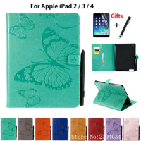 Case For Apple iPad 2 3 4 9.7" Cover Funda Tablet butterfly Embossed For iPad2 iPad3 iPad4 Flip Stand Skin Shell +Film+Stylus