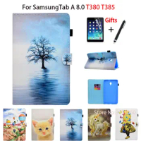 Fashion Cartoon Case For Samsung Galaxy Tab A 8.0 SM-T380 T385 2017 8.0 inch Smart Cover Funda Tablet PU Leather Shell+Film+Pen