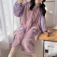 加厚加絨秋冬季學生睡袍浴袍可外穿睡衣珊瑚絨女卡通可愛長款韓版
