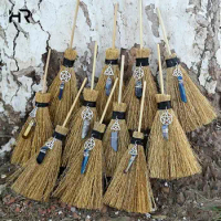 Dust Removal Broom Wicca Celti Pentagram Mini Witch Broom Witchcraft Accessories Raw Crystal Wicca Altar Broom