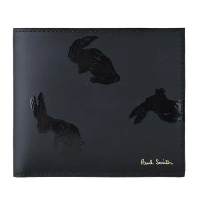 PAUL SMITH 金字LOGO兔子花紋設計牛皮8卡對折短夾(黑)