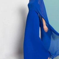 Elegant Royale Blue Chiffon Formal Evening Dress with Sleeves &amp;Cape Party Wear Dress vestidos de noche فساتين السهرة