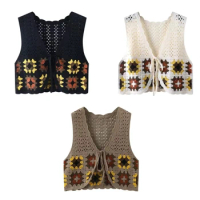 Women Crochet Sleeveless Vest Waistcoat Knit Colored Plaid Lace-Up Crop Cardigan