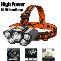 High Power 5 LED Headlamp Usb Rechargeable 18650 Built-in battery Headlight Outdoor Camping Fishing Emergency Searching Lantern