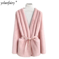2023 New Real Mink Fur Jackets for Women Winter Coat Female Belt Velvet Mink Clothes Mid Long Fur Coat Women's Clothing FCY5489