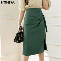 กระโปรงเอวสูง Fancystyle Vonda สำหรับผู้หญิง เรียบหรู จีบ กระโปรงยาว