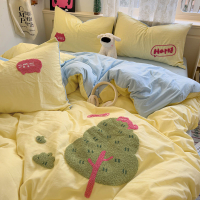 ins Cute Cartoon Towel Embroidered Four-piece Set Soft Washed Cotton Bed Sheet Bed Sheet Quilt Cover