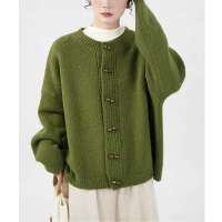 新款「北極絨」秋冬氛圍感！慵懶毛衣外套女綠色寬松針織開衫上衣