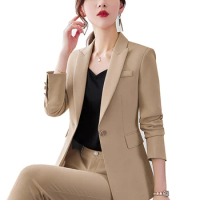 Women Beige Khaki Black Formal Pant Suit Female Solid Blazer and Trouser 2 Piece Set For Office Ladies Winter Work Wear