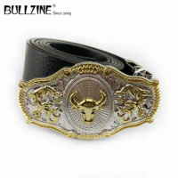 Bullzine zinc alloy western bull head belt buckle with silver and gold finish with PU belt with connecting clasp FP-03536