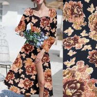 140CM Wide 25MM Golden Rose Print Black Heavy Silk Fabric for Summer Spring Plants Blouse Dress Cheongsam D1212