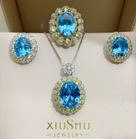 原創設計仿真海藍寶項鏈墜托帕石首飾套裝三件歐美氣質鑲嵌鍍金