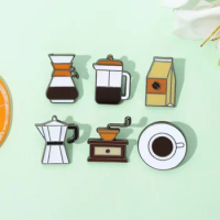 Cartoon Coffee Cup Pot Series Enamel Brooch Lapel Backpack Pins Metal Cute Badges for Women Children Jewelry Gift Wholesale