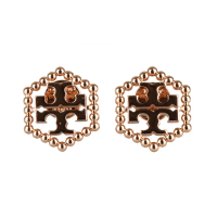 【TORY BURCH】TORY BURCH MILGRAIN HEX金字LOGO經典雙T圓珠六邊形設計針釦耳環(玫瑰金)